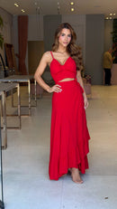 Conjunto Viscose Top & Saia Envelope Belly Vermelho